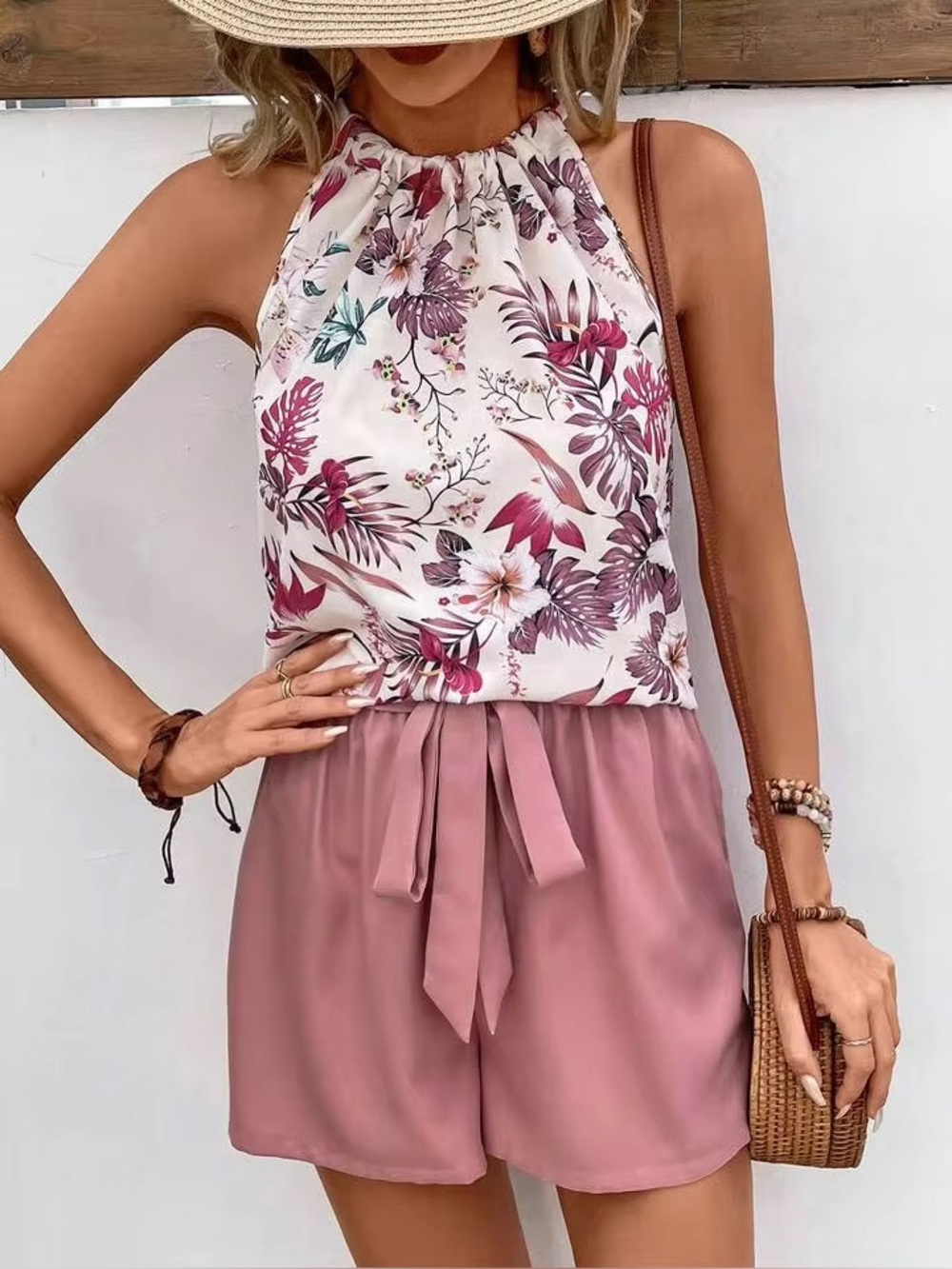 Floral Halter Top & Mauve Tie-Waist Shorts Set
